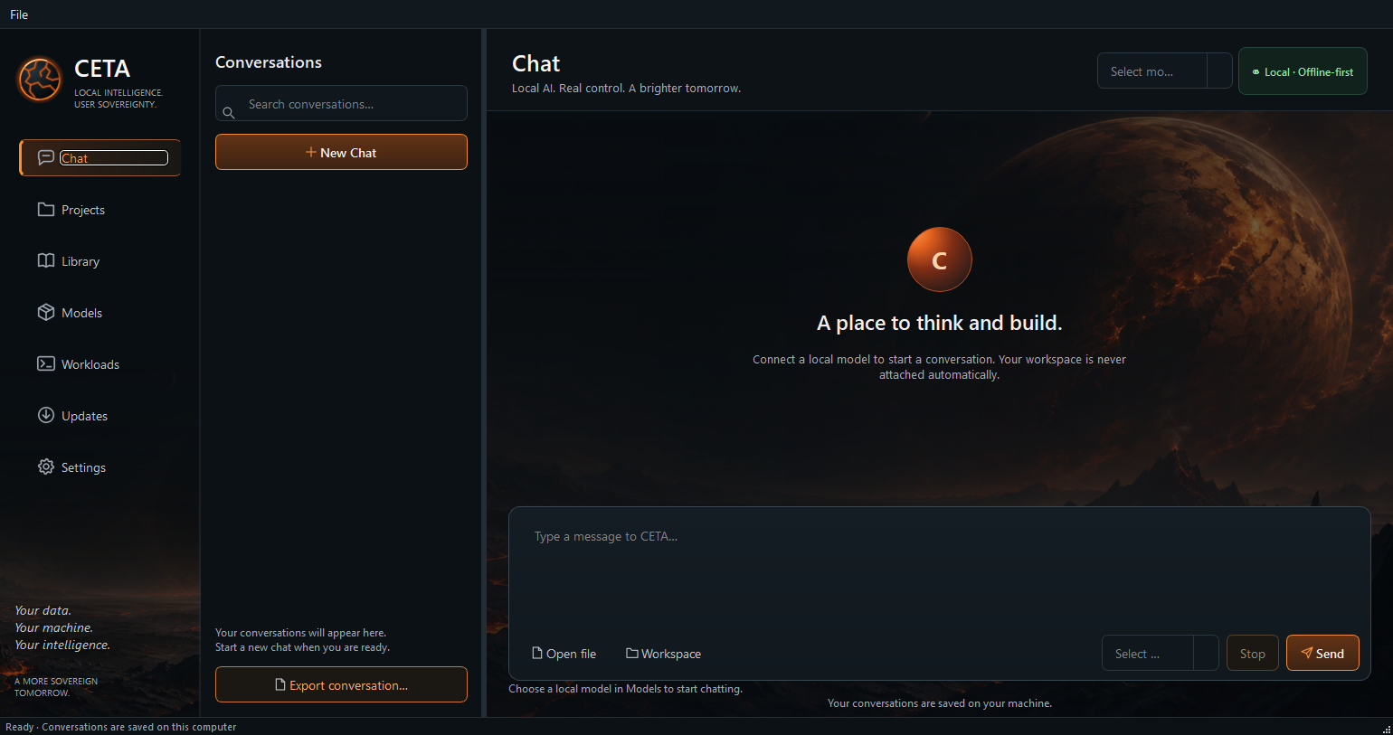 CETA 0.3.1 on Windows, with a navigation rail, conversation list, and Chat workspace over a volcanic planet landscape.